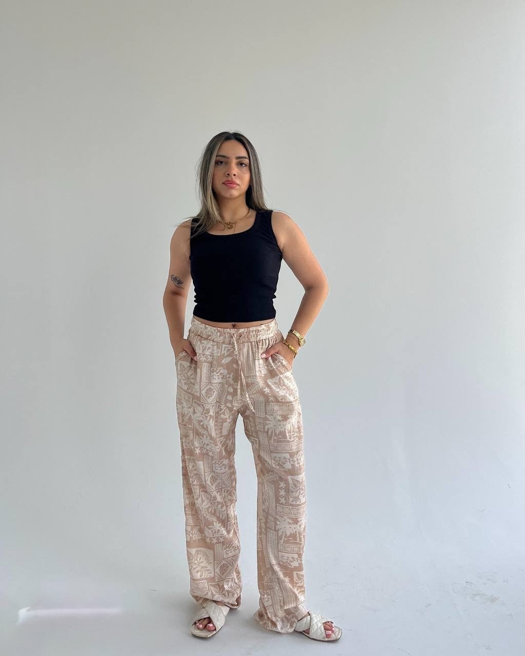 Printed Satin Wide-Leg Pants