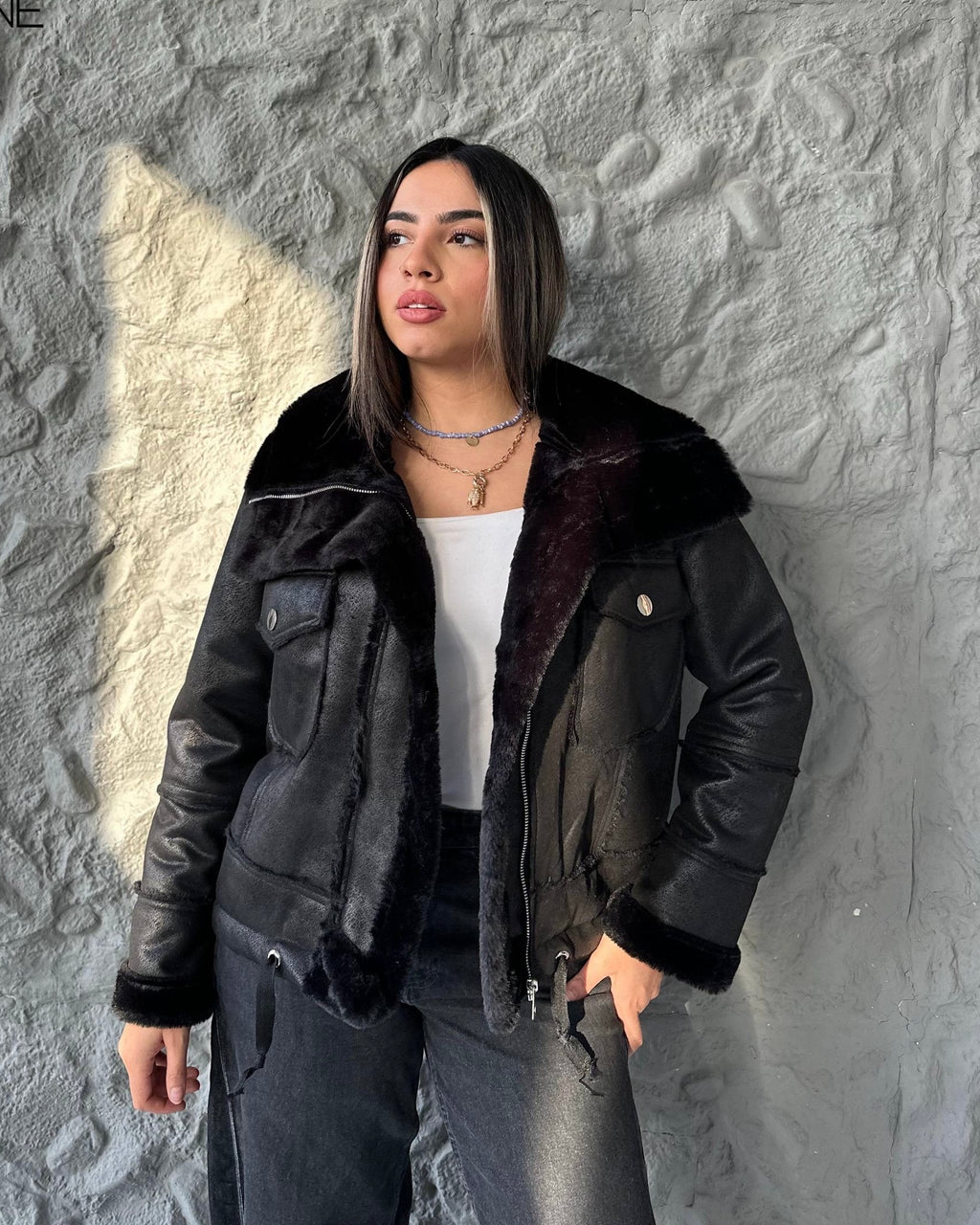 IVOIRE Leather & Fur Jacket – All Black