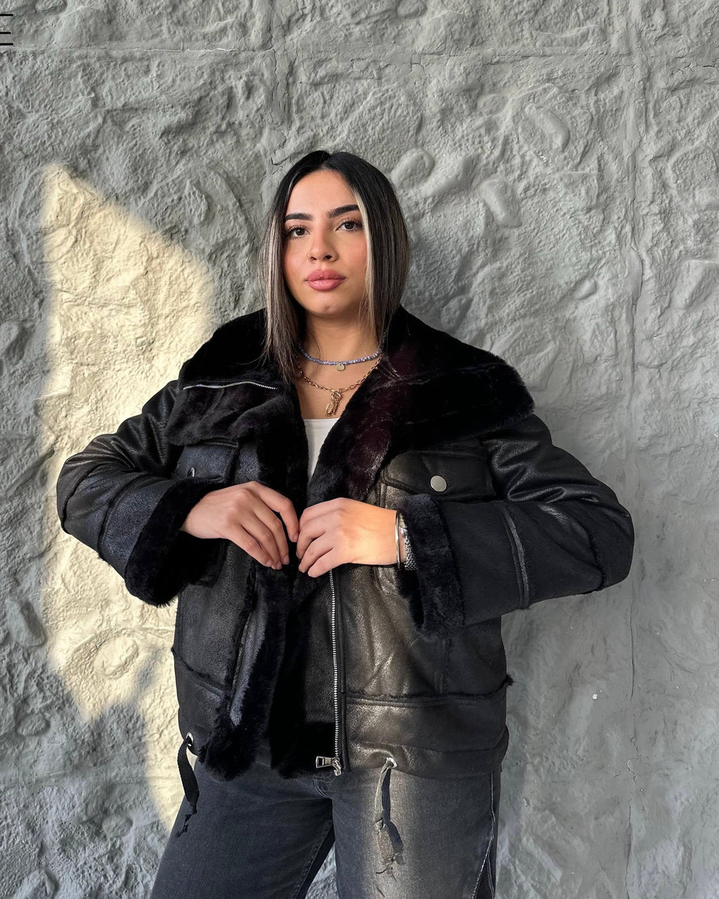 IVOIRE Leather & Fur Jacket – All Black