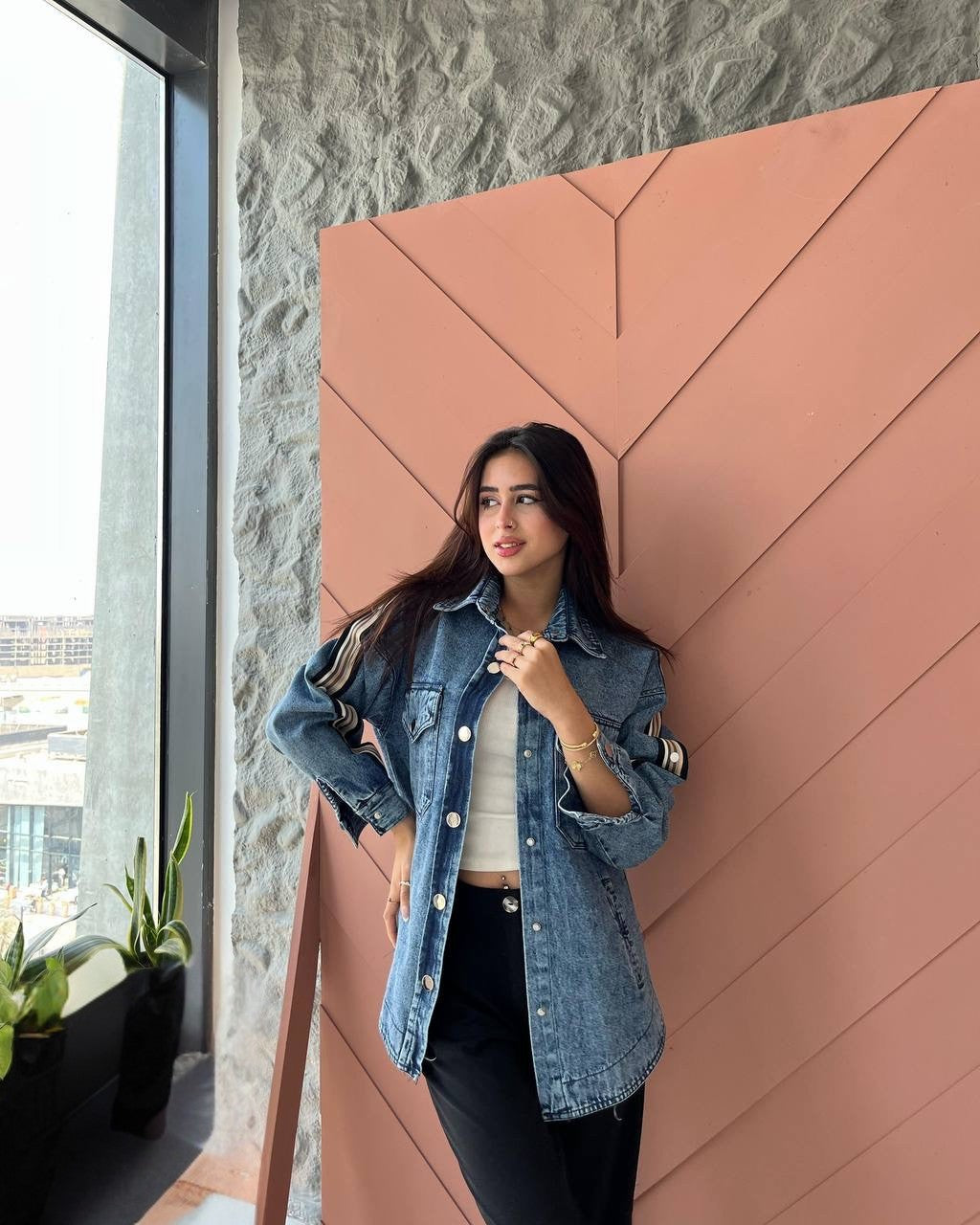 Denim Jacket with Side Stripes