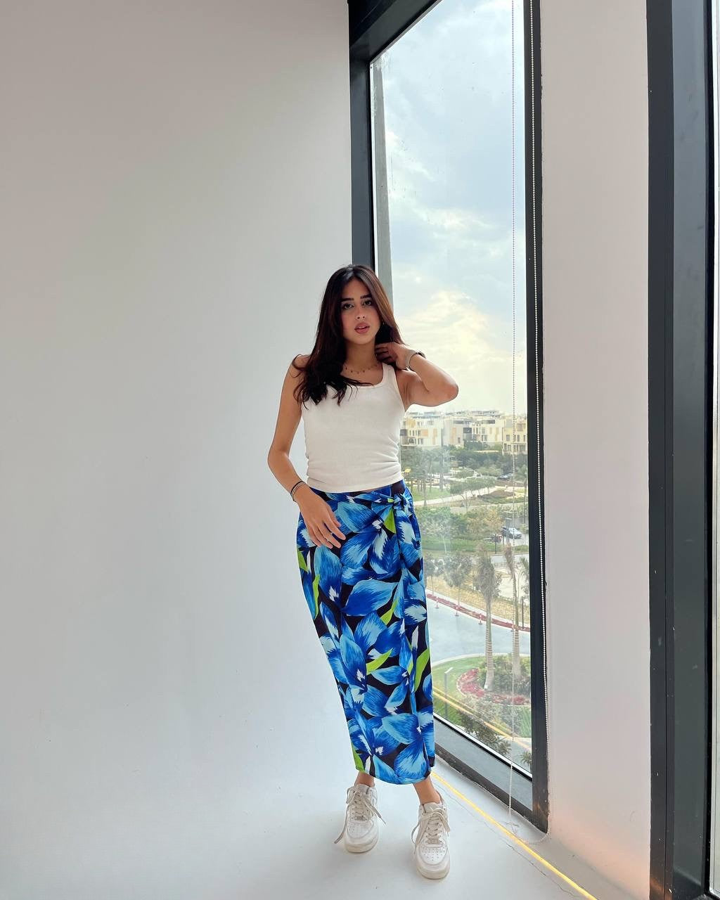 Floral Wrap Satin Skirt – Blue & Lime Print