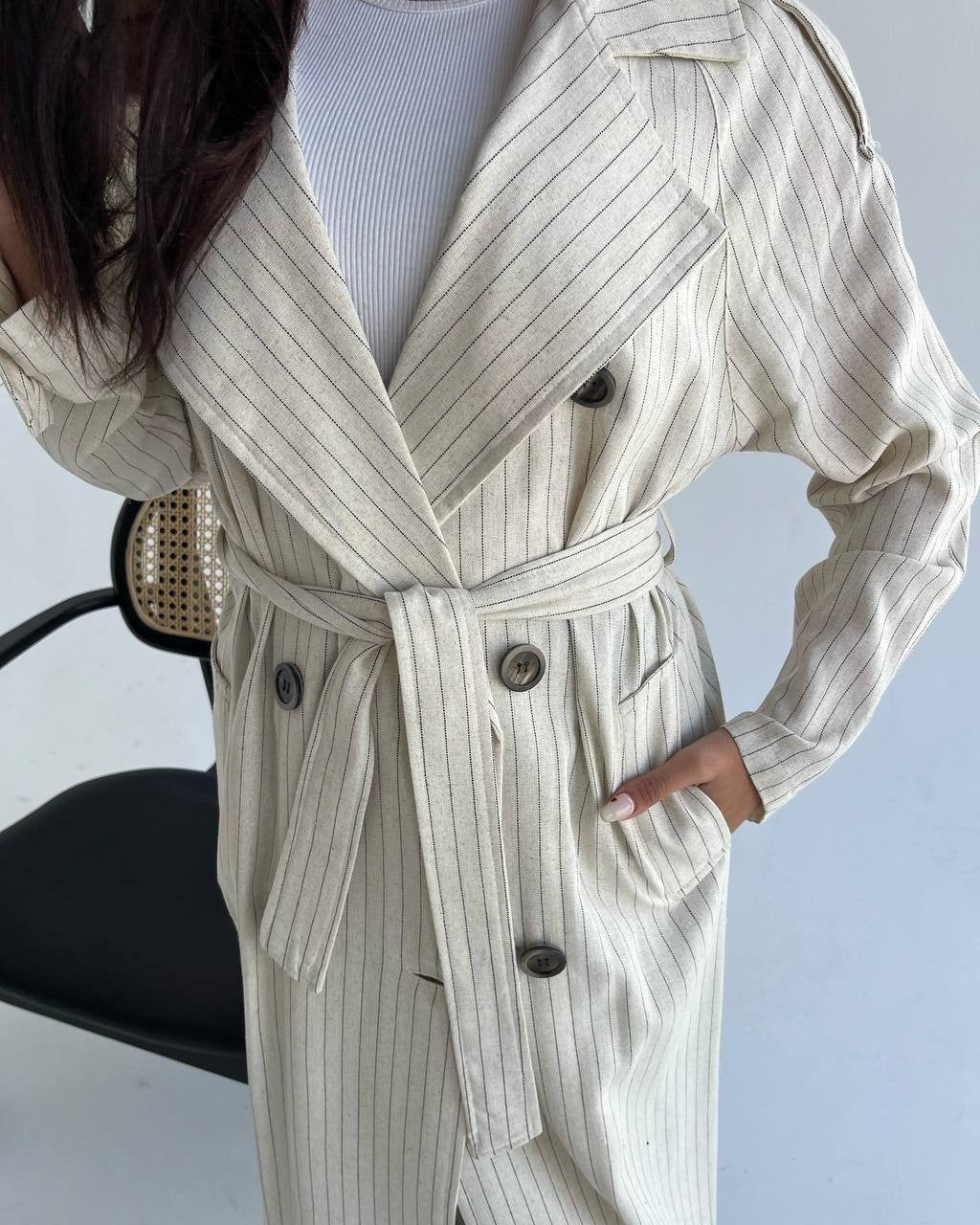 Striped Linen Long Coat with Belt
