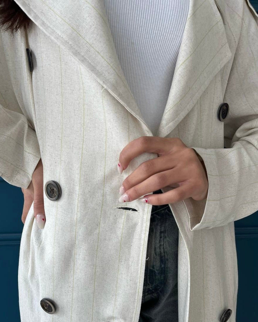 Linen Double-Breasted Long Coat with Belt