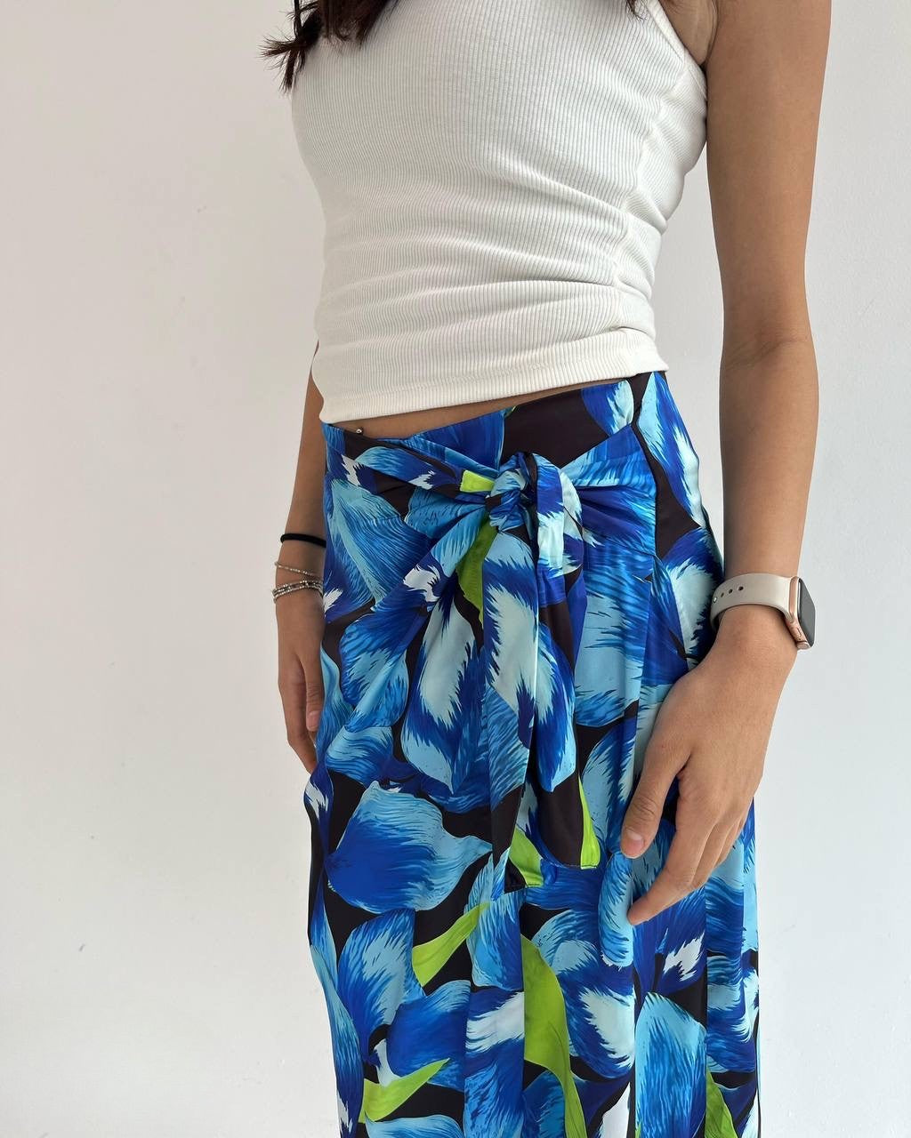 Floral Wrap Satin Skirt – Blue & Lime Print