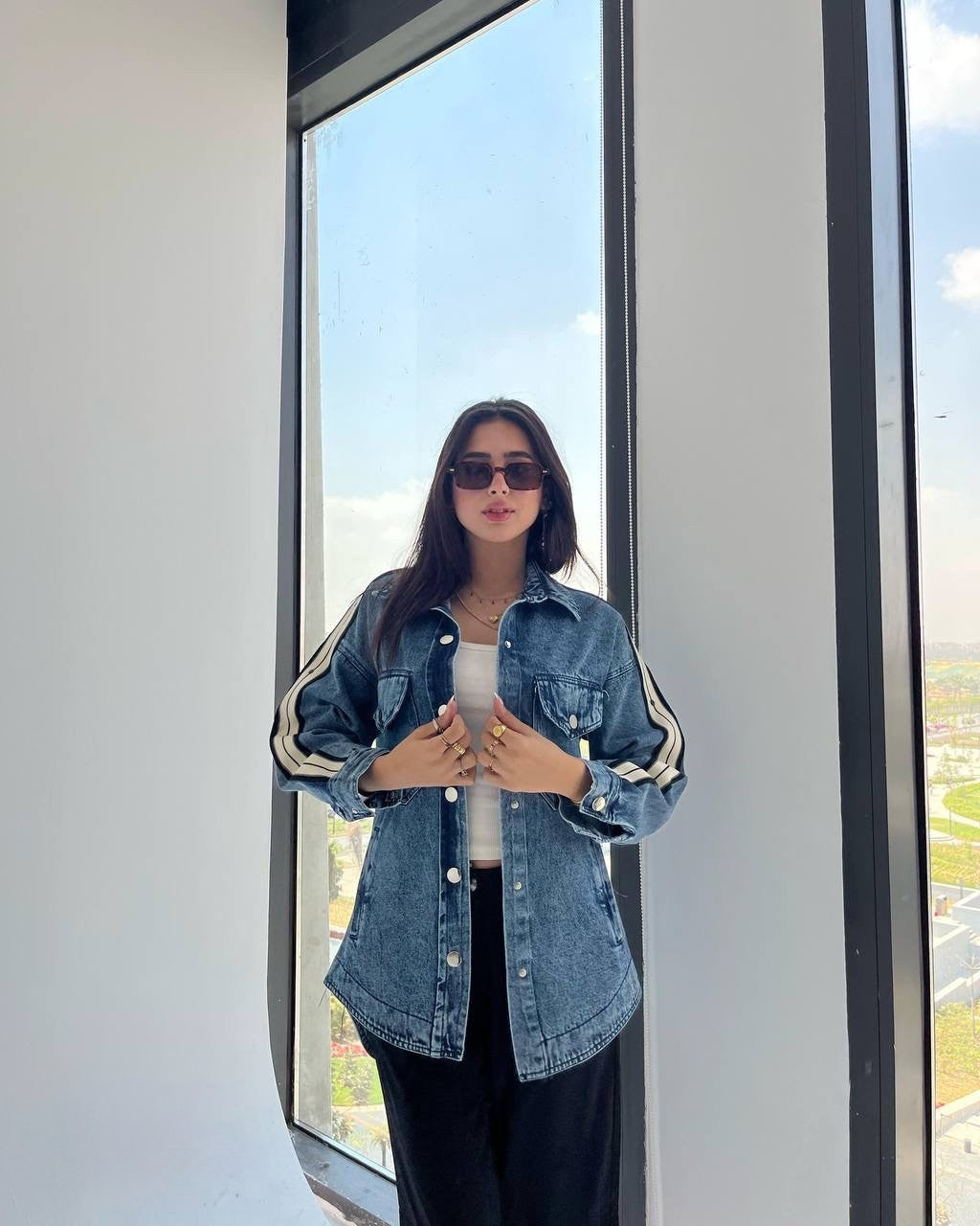 Denim Jacket with Side Stripes