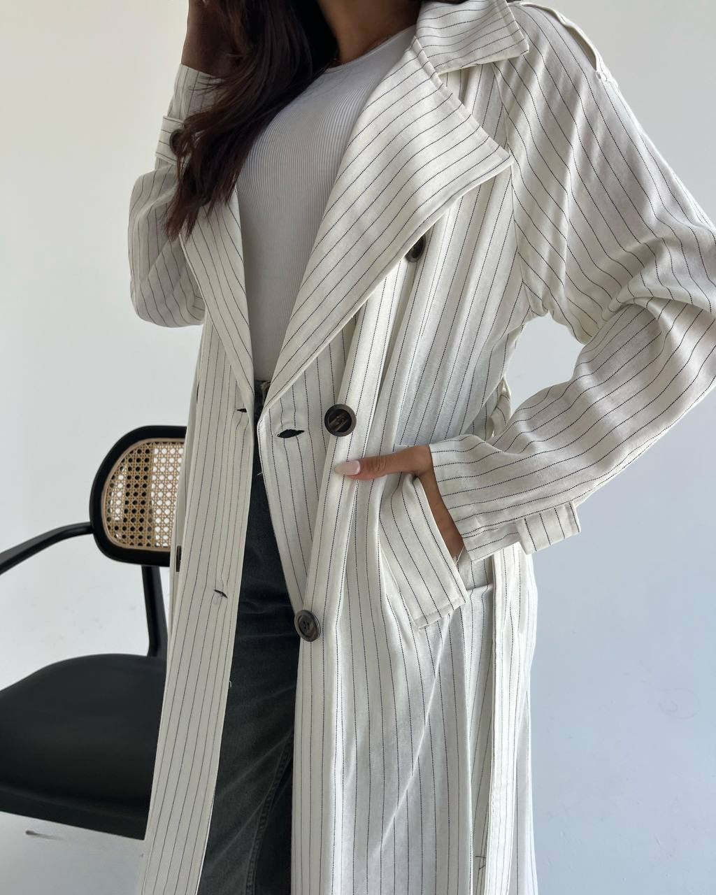 Striped Linen Long Coat with Belt