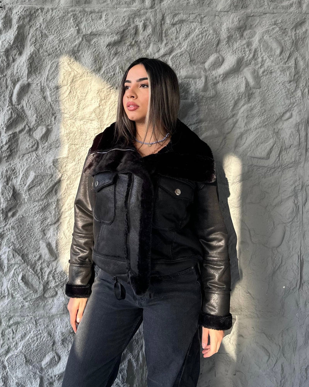 IVOIRE Leather & Fur Jacket – All Black