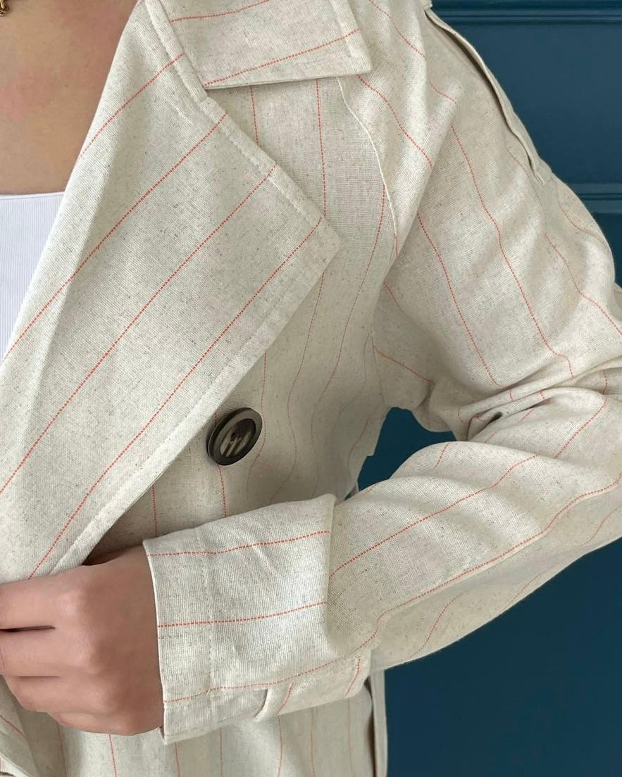 Linen Double-Breasted Long Coat with Belt