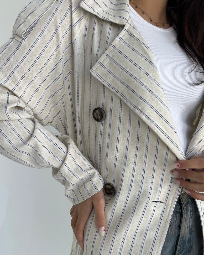 Striped Linen Long Coat with Belt