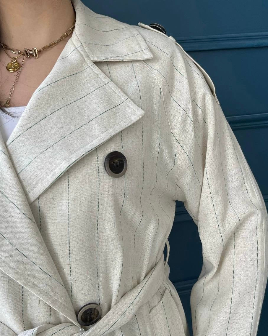 Linen Double-Breasted Long Coat with Belt