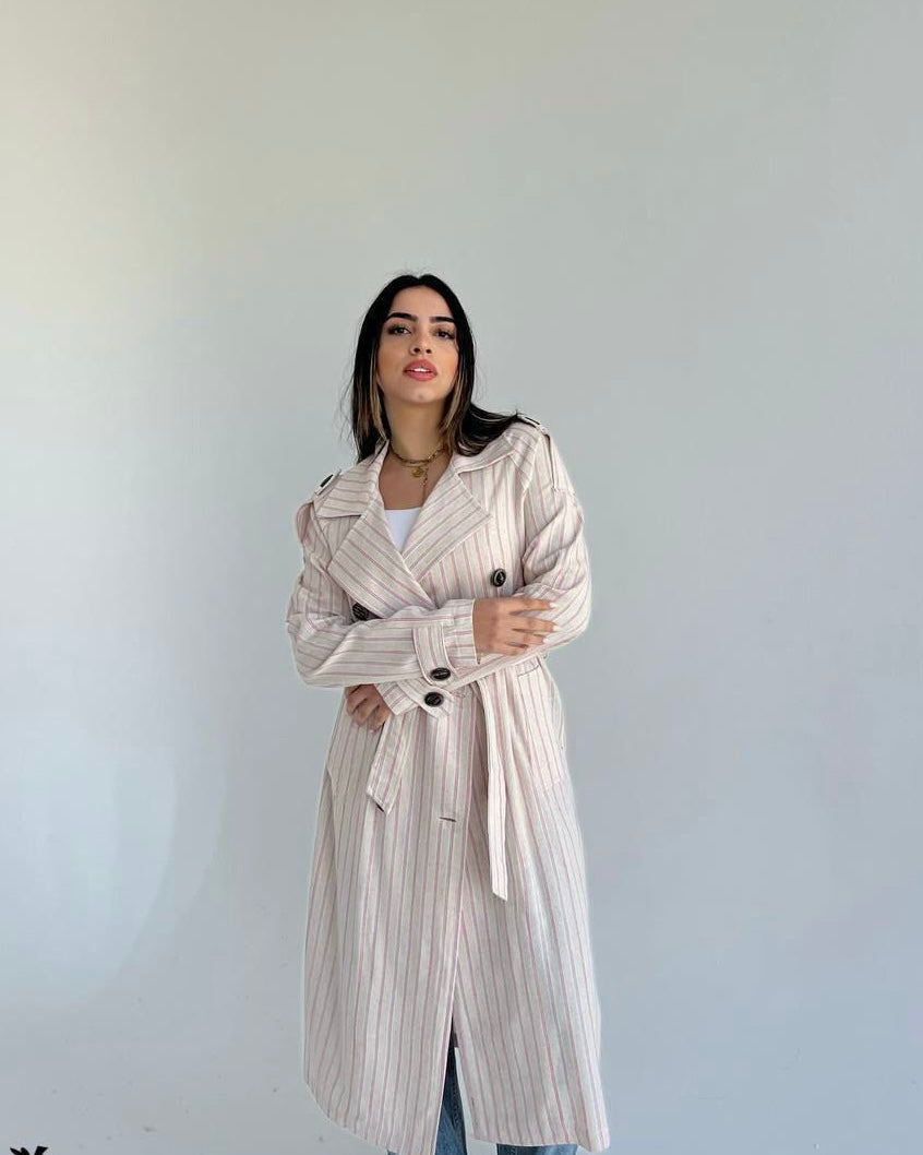 Striped Linen Long Coat with Belt