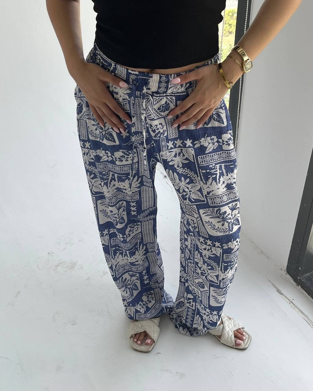 Printed Satin Wide-Leg Pants