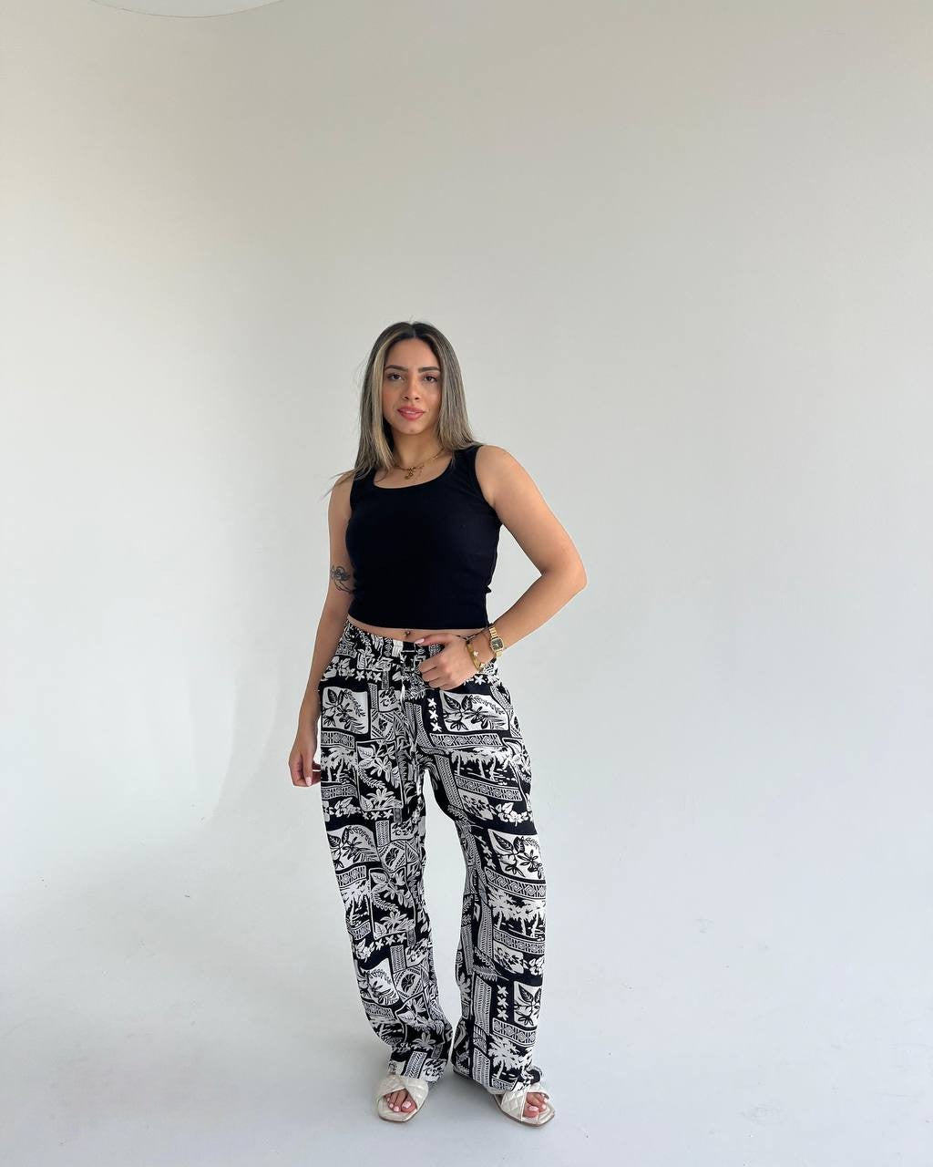 Printed Satin Wide-Leg Pants