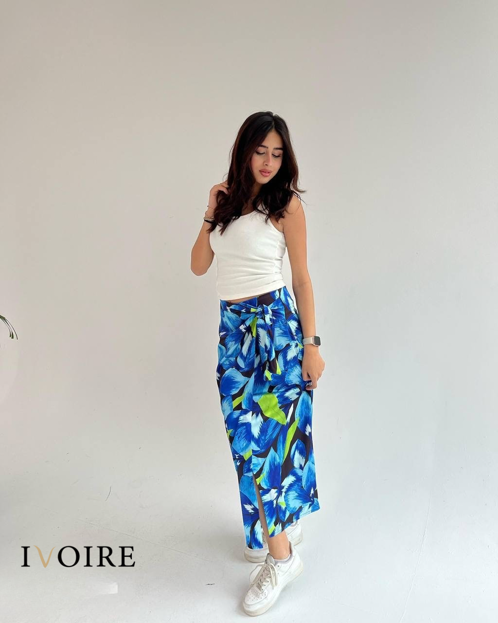 Floral Wrap Satin Skirt – Blue & Lime Print