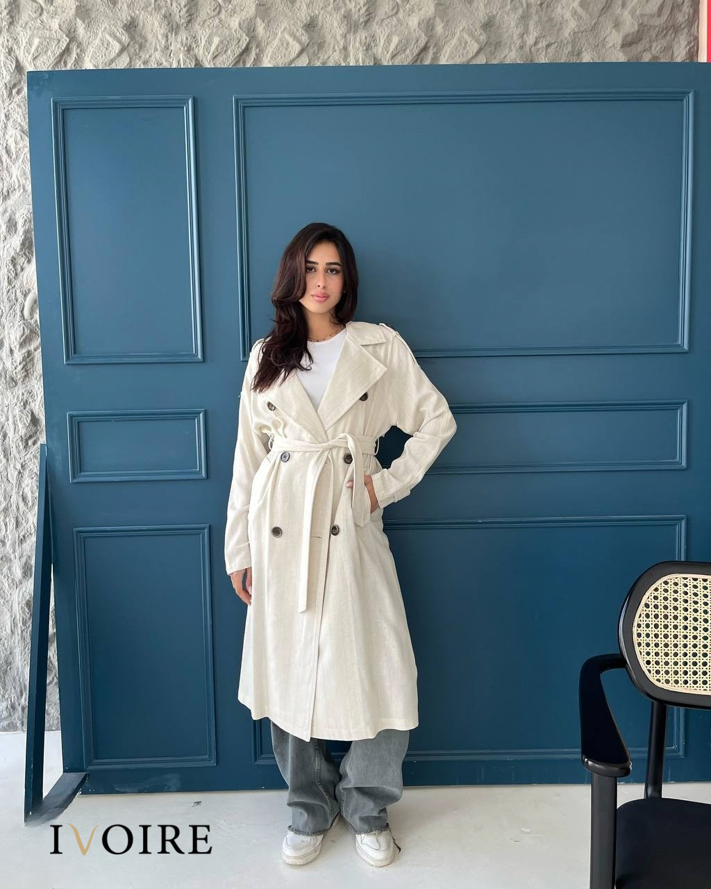 Linen Double-Breasted Long Coat with Belt