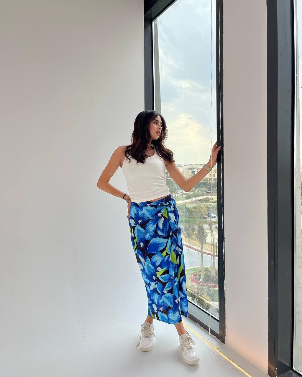 Floral Wrap Satin Skirt – Blue & Lime Print