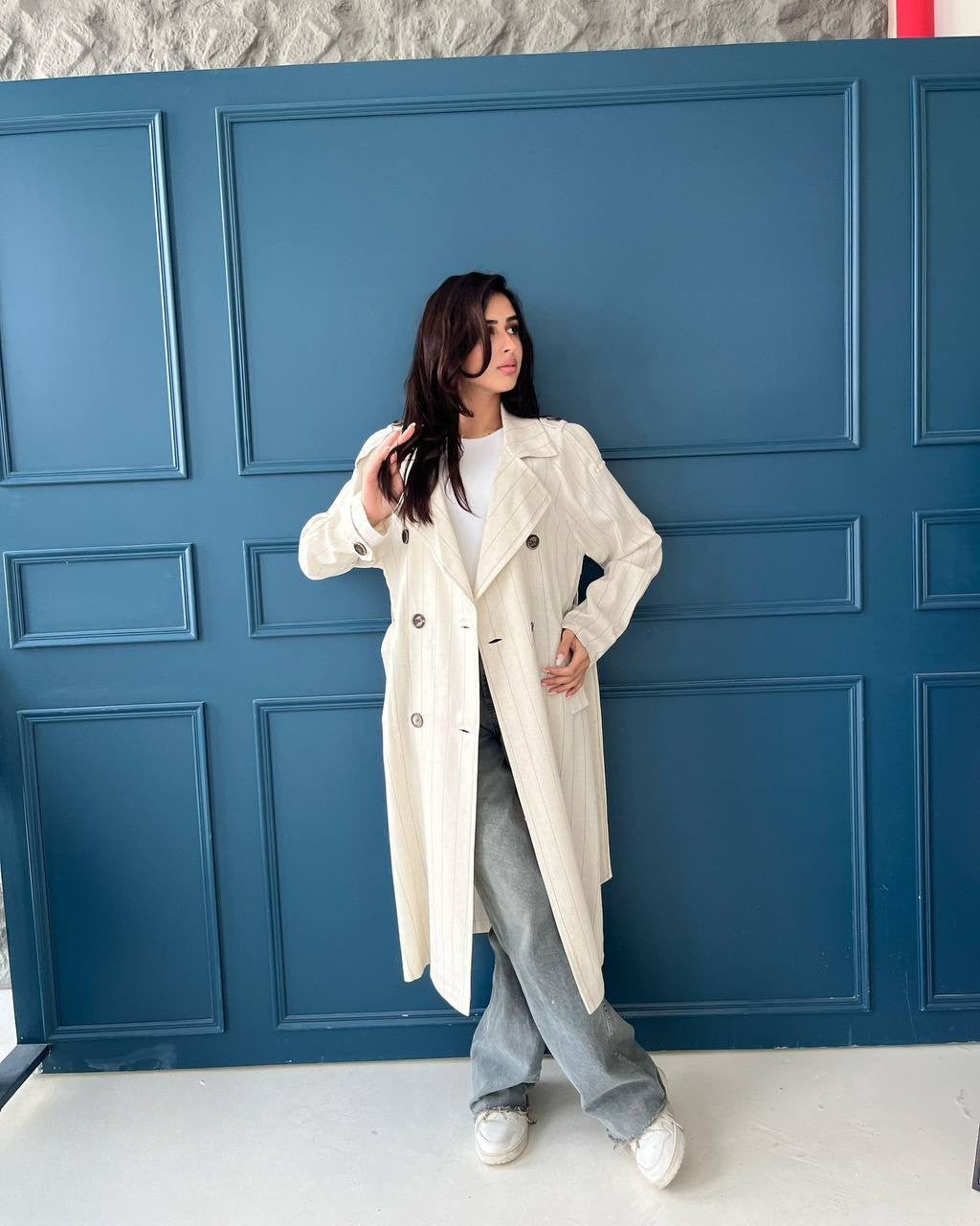 Linen Double-Breasted Long Coat with Belt