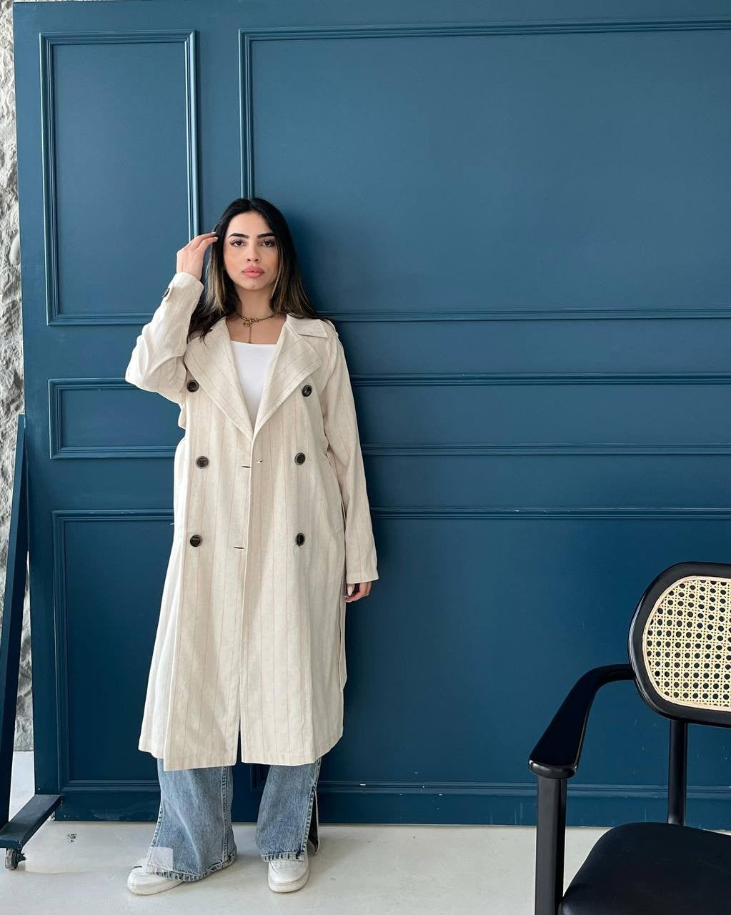 Linen Double-Breasted Long Coat with Belt