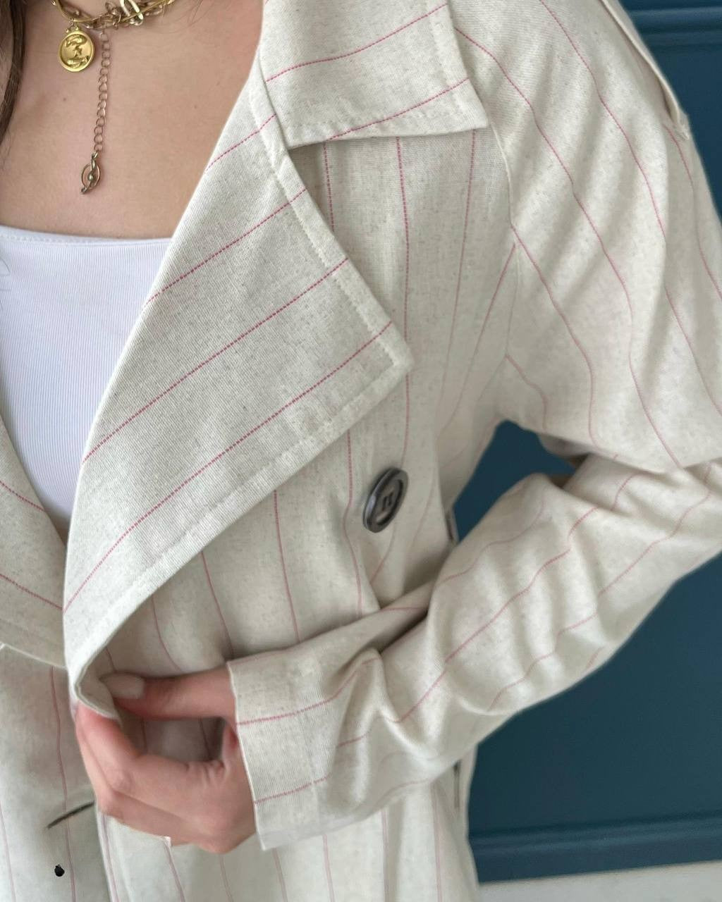 Linen Double-Breasted Long Coat with Belt